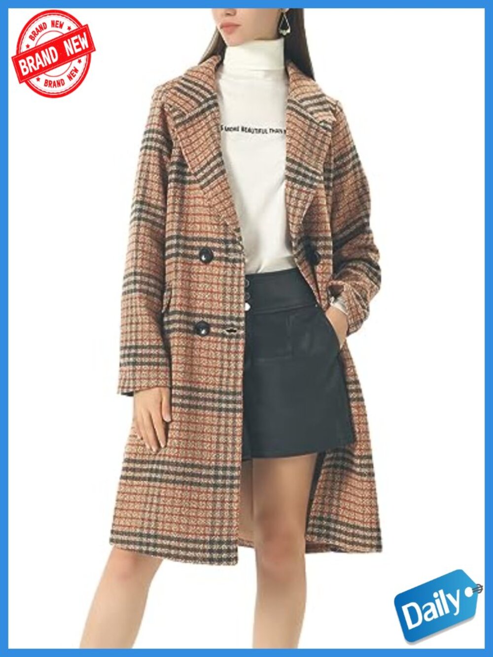 Vintage Plaid Wool Blend Double Breasted Long Trench Coat with Notch Lapel